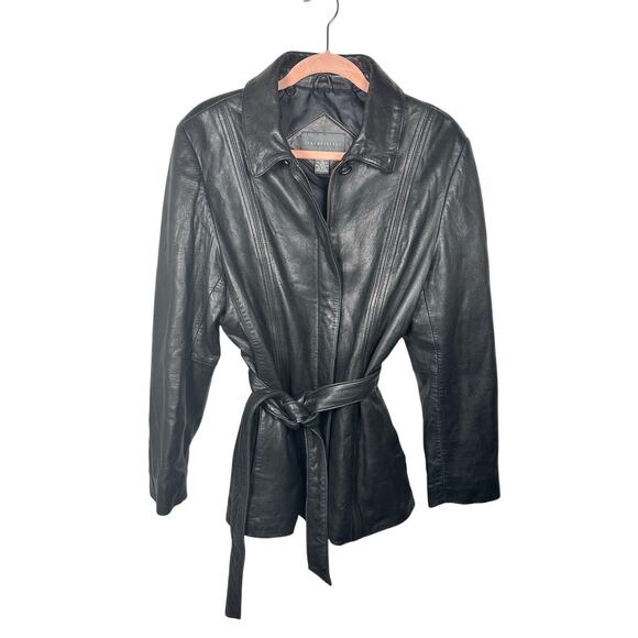 Relativity Black Soft Leather Tie Waist Zip Up Jacket Women's XL - Picture 1 of 8